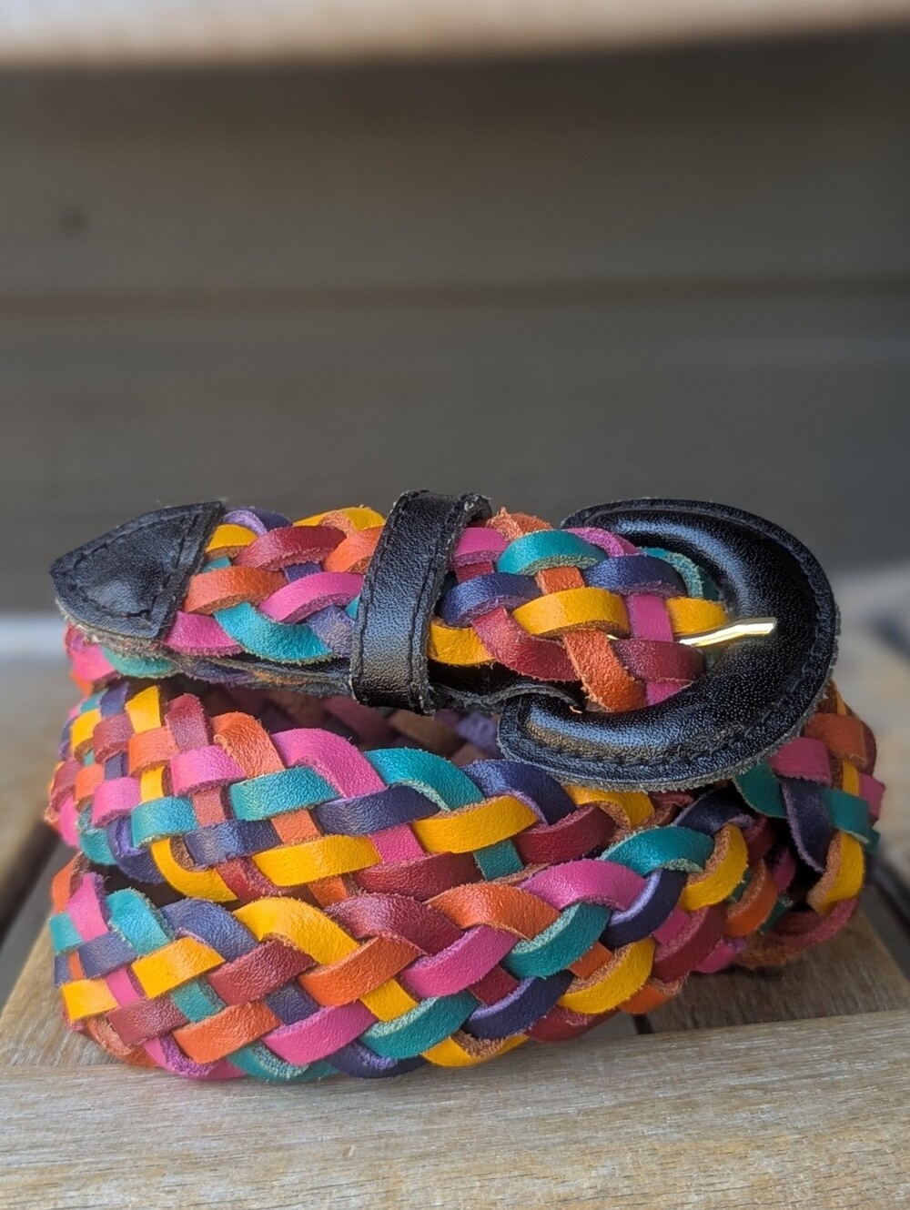 VTG 80s Woven Multicolor Leather Belt Bright Pink Orange Marigold Teal Large